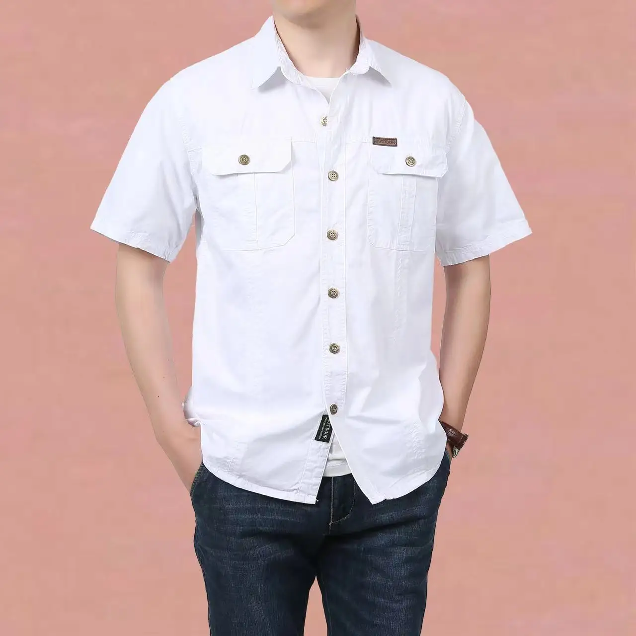 H3a58fb374db24c20a0c10a6516aebc15v.webp Mens Short Sleeve Cotton Casual Tactical Shirt Half Sleeve for Hiking Climbing Hunting Outdoor Sport Shirt for Men-White / 4 XL - Image 1
