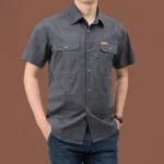 Mens Short Sleeve Cotton Casual Tactical Shirt Half Sleeve for Hiking Climbing Hunting Outdoor Sport Shirt for Men-Gray / 2 XL